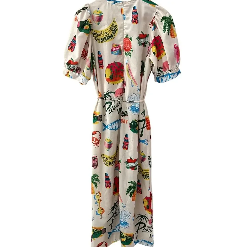 Sunday Up Paradise Printed Puff Sleeve Midi Dress Beige Multi Size Medium - Picture 10 of 11